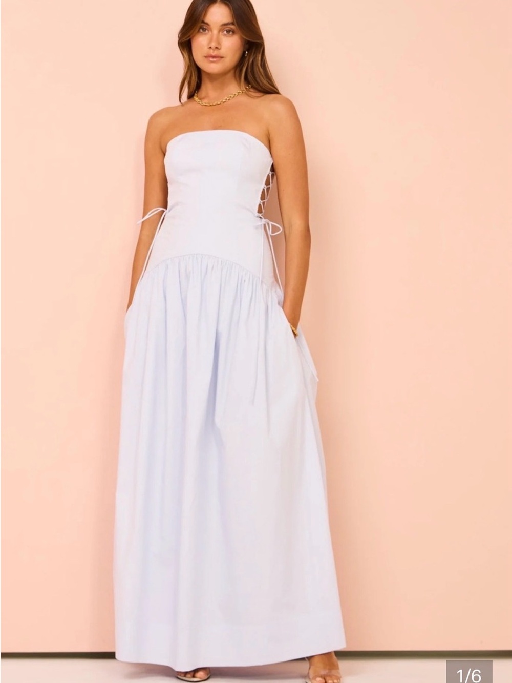 Shona Joy Strapless Pale Blue Side-Lace Maxi Dress
